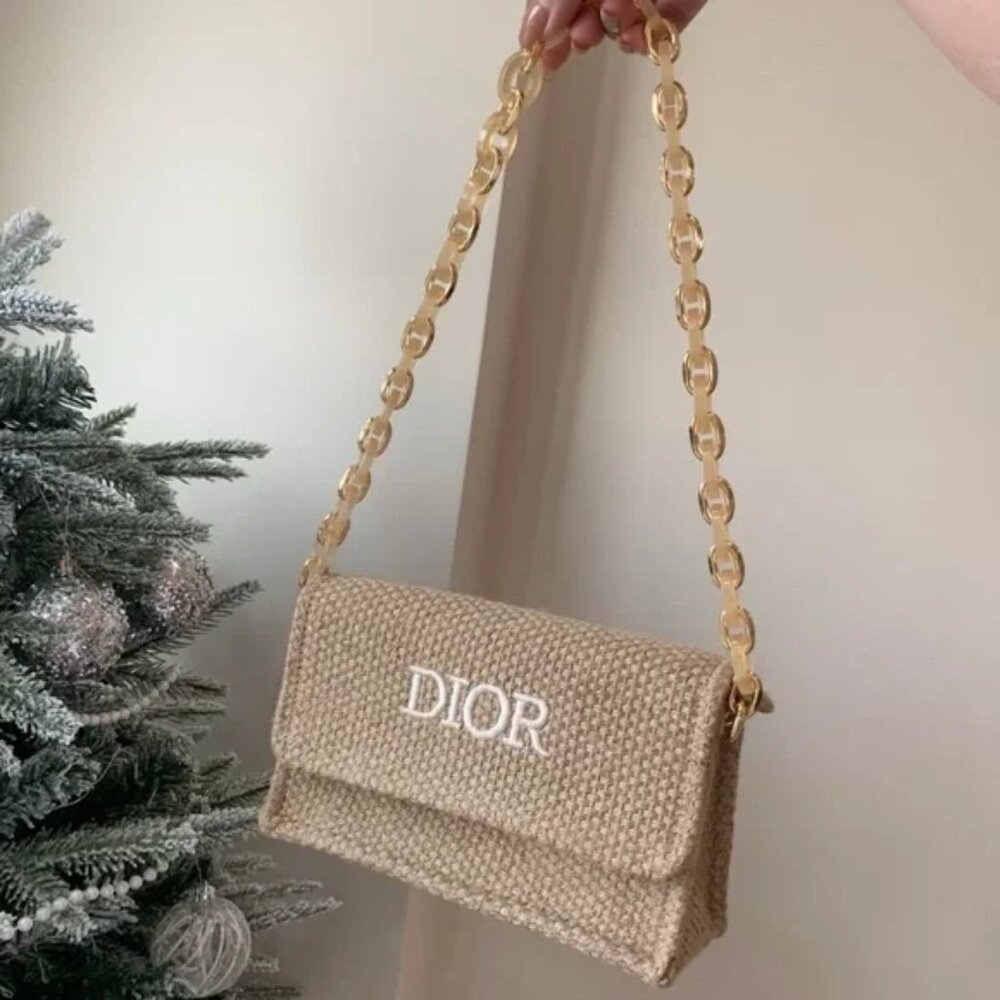 Dior Raffia Straw Bag Acrylic shoulder strap